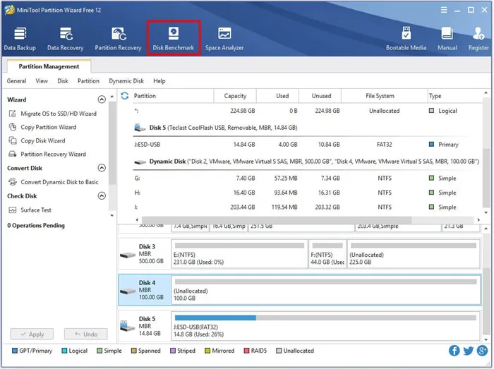 click disk benchmark on the top of the interface