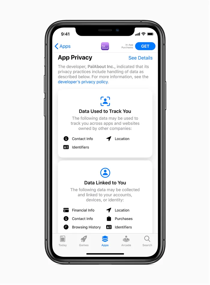 Новый значок конфиденциальности в App Store на экране iPhone 11 Pro.