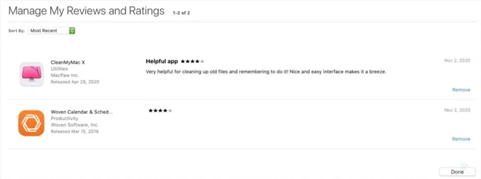 Управление моими рейтингами и отзывами в Mac App Store