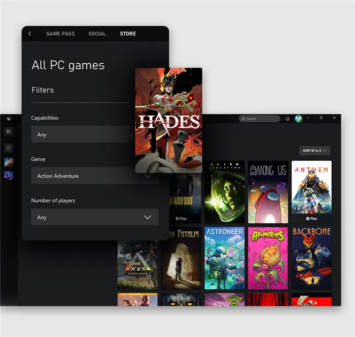 Пользовательский интерфейс приложения Xbox для ПК с Windows, отображающий вкладку «Магазин»