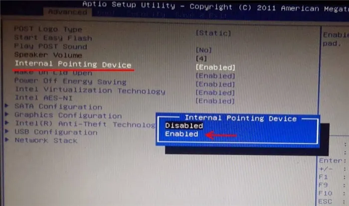 Что означает enabled. Тачпад в биосе. Включить тачпад в биосе. В биосе нет тачпада. Internal pointing device что это в биосе ASUS.