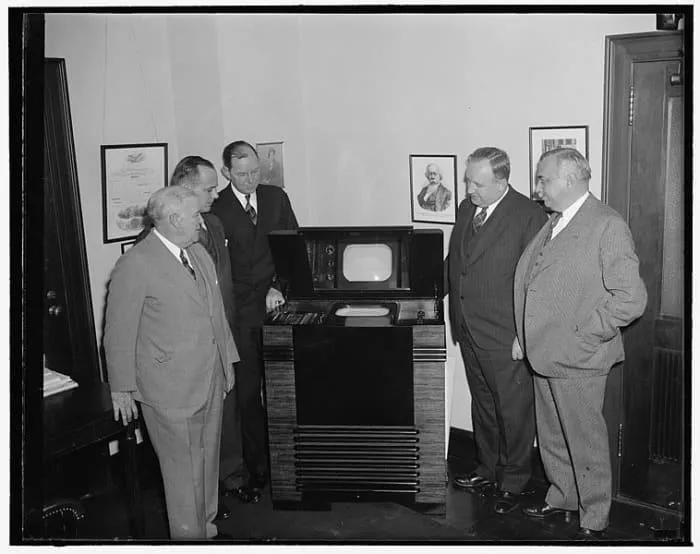 Commissioners in New York inspect the first 'light weight' television set suitable for domestic use in 1939. Seventy years on and I have a device in my pocket that I can watch TV on!