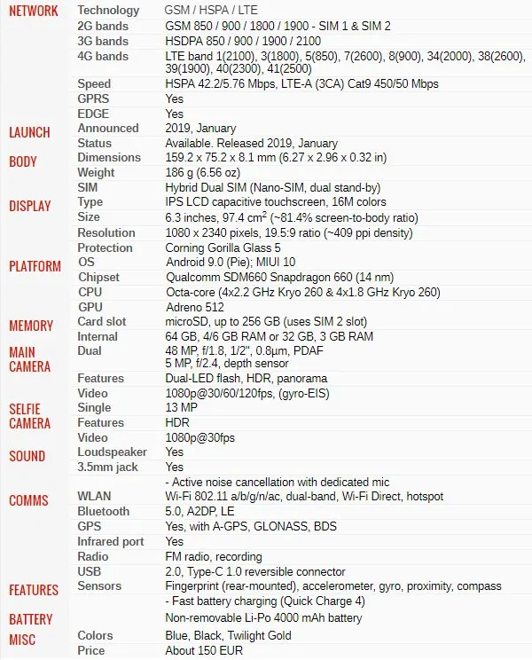 GSM Arena Redmi Note 7 характеристики