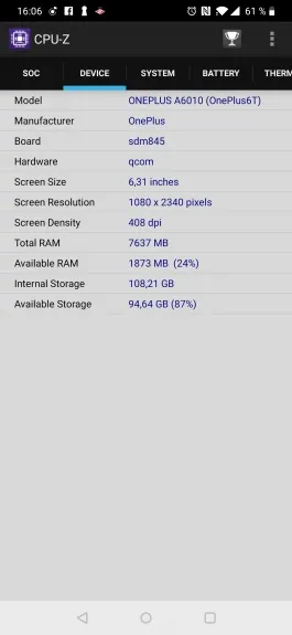 Размер экрана на OnePlus 6T