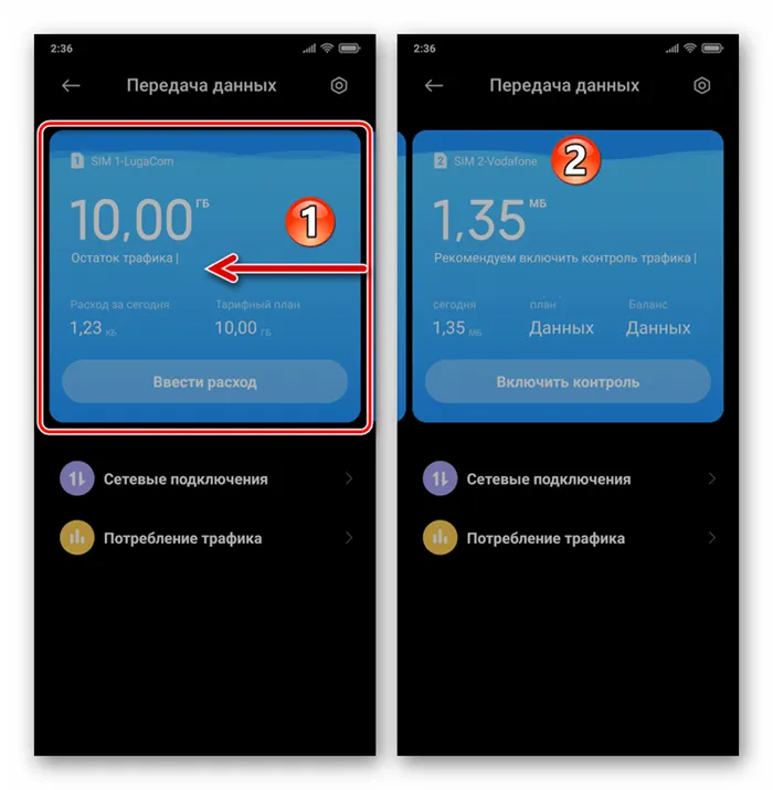 Xiaomi MIUI 12 переход к просмотру информации по второй сим-карте на вызванном из системной шторки экране Передача данных