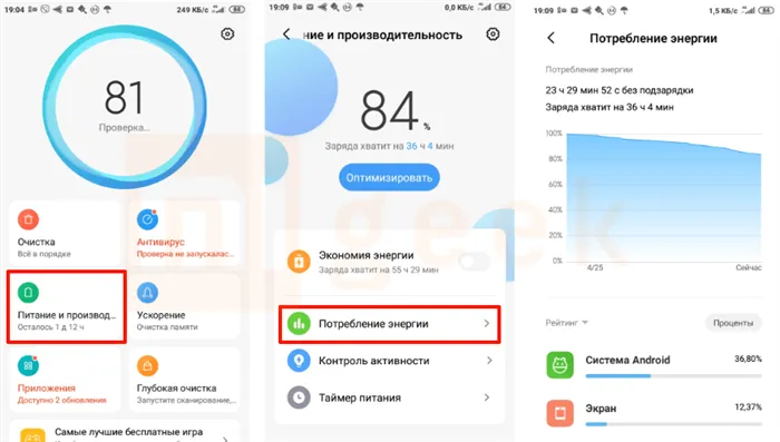 Потребление энергии Miui