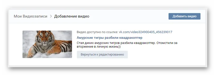 Успешная публикация видеоролика ВКонтакте