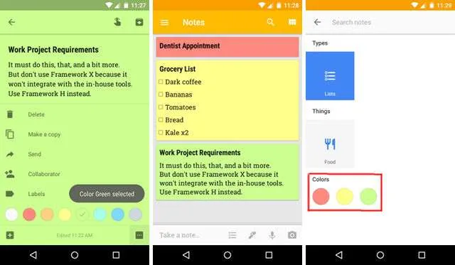 Google Keep выбор цвета заметок