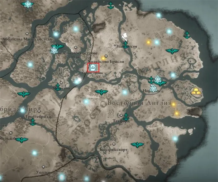 Сокровища Британии в восточной Англии на карте мира Assassin's Creed: Valhalla