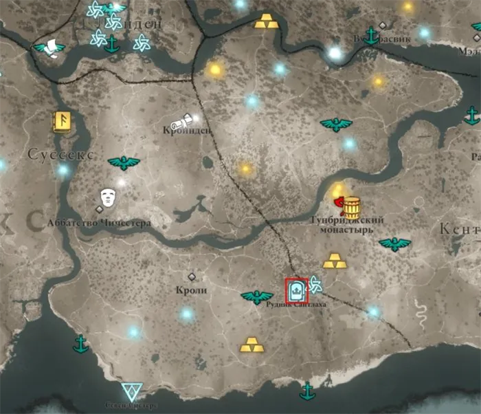 Британские сокровища в Сассексе на карте мира Assassin's Creed: Valhalla