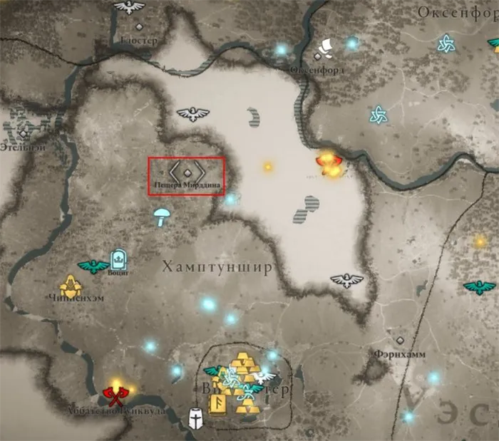 Пещера Мирддин на карте Assassin's Creed Valhalla