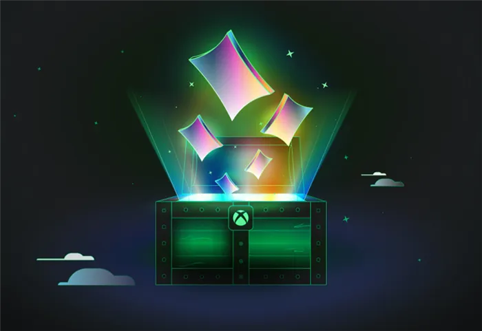 Освещенный прямоугольник, выплывающий из сокровищницы зеленых сокровищ с пулями Xbox