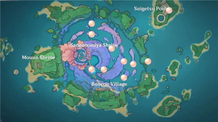 Карта, показывающая расположение жемчужин Санго в Удар Геншин.