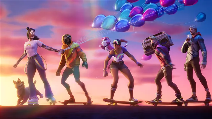 Персонажи с роликами, держащие ролики, управляют разноцветными группами скейтбордистов на закате.