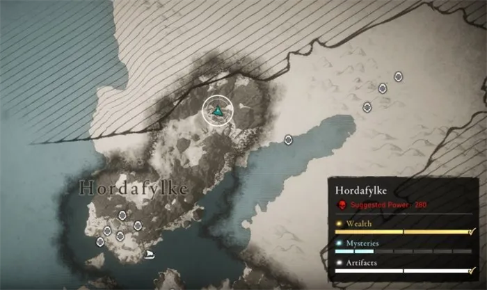 Расположение Мьёльнира на карте мира Assassin's Creed: Valhalla