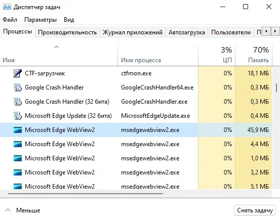 Microsoft Edge WebView2 Runtime в диспетчере задач windows