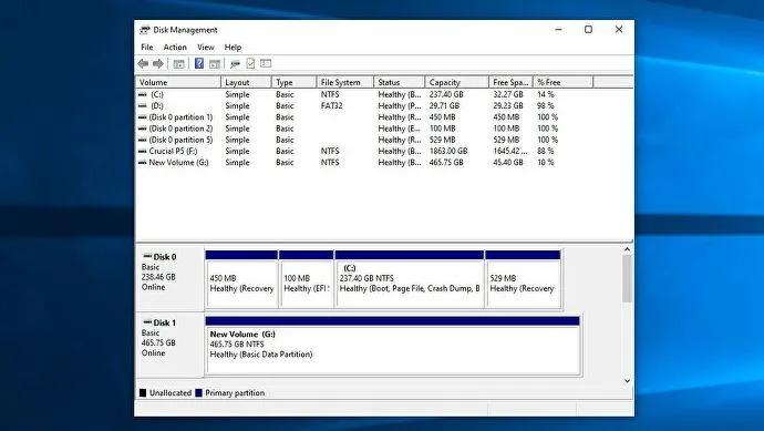 Снимок экрана инструмента «Управление дисками» в Windows 10, на котором показаны накопители системы.