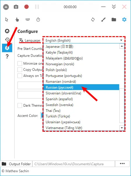 Установка русского языка в Captura