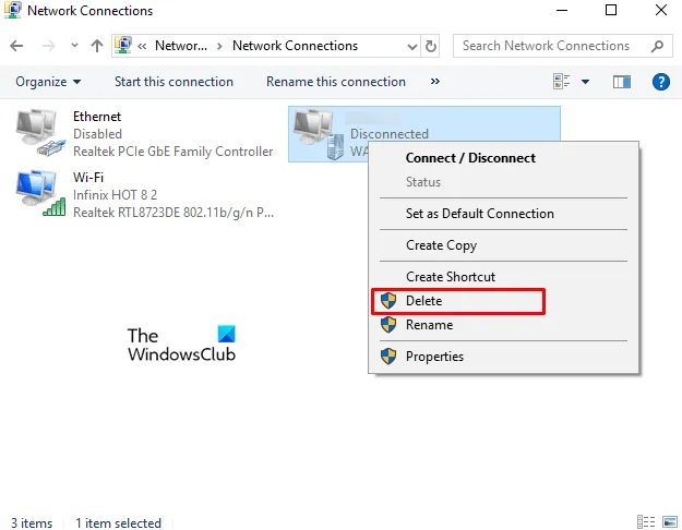 Удаление VPN с помощью сетевых подключений в Windows 10
