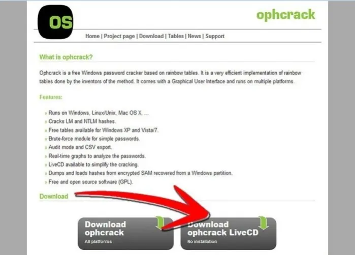 Переходим на официальный сайт разработчика, нажимаем на кнопку «Download ophcrack LiveCD»
