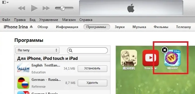 Удаление через iTunes