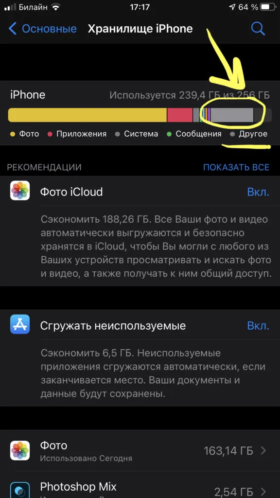  Видя раздел «Другое», мы понимаем, сколько памяти занимает системный мусор