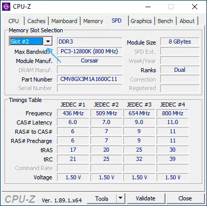 Информация об установленной оперативной памяти в CPU-Z