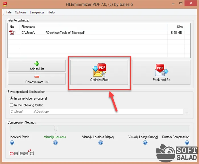 Сжетие PDF-файлов в программе FILEminimizer PDF