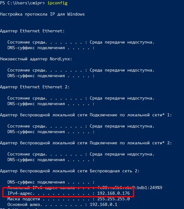 Выполнение ipconfig в PowerShell