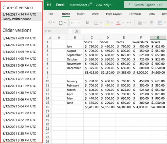 Предыдущие версии в Excel для Интернета