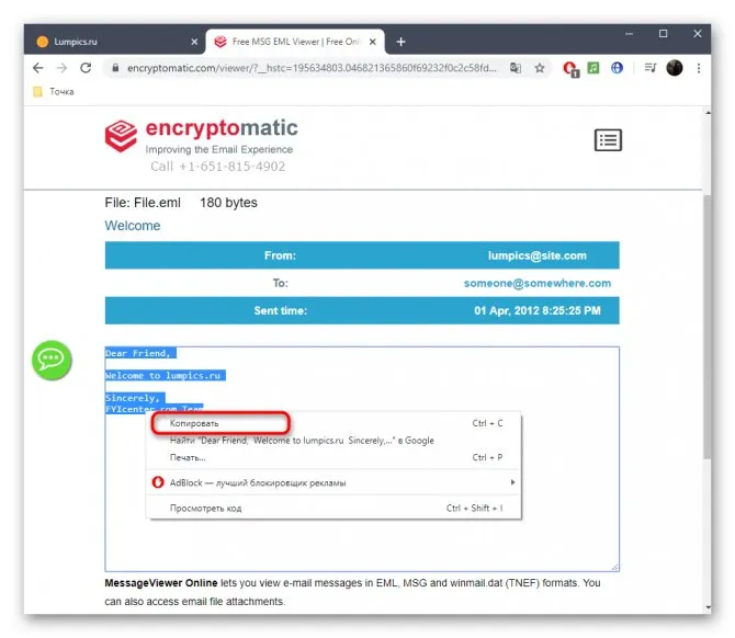 Копирование текста EML-файла при просмотре через онлайн-сервис EncryptoMatic