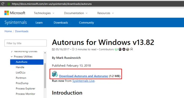 Переходим по ссылке на сайт Майкрософт, нажимаем ссылку «Download Autoruns and Autorunsc»