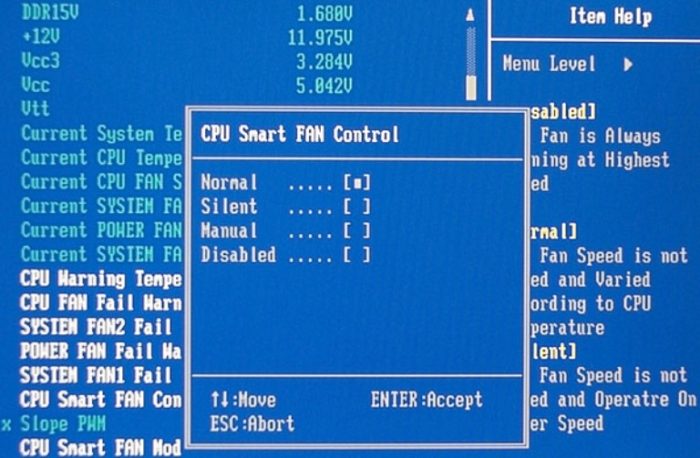 Список вариантов настройки кулера ноутбука в BIOS