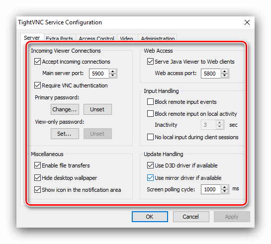 Параметры сервера TightVNC для удаленного подключения к другому компьютеру