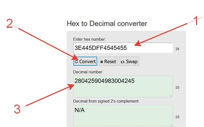 Преобразование строки на сайте Hex To Decimal Converter