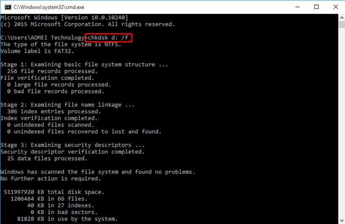chkdskX:/f