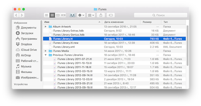 Папка библиотеки iTunes