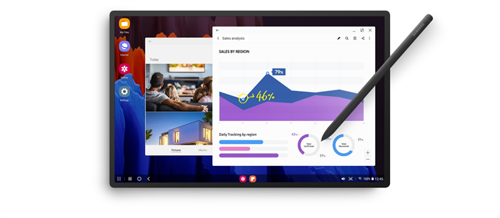 Планшет с несколькими изображениями на экране, редактируемый с помощью пера Galaxy S Pen. 